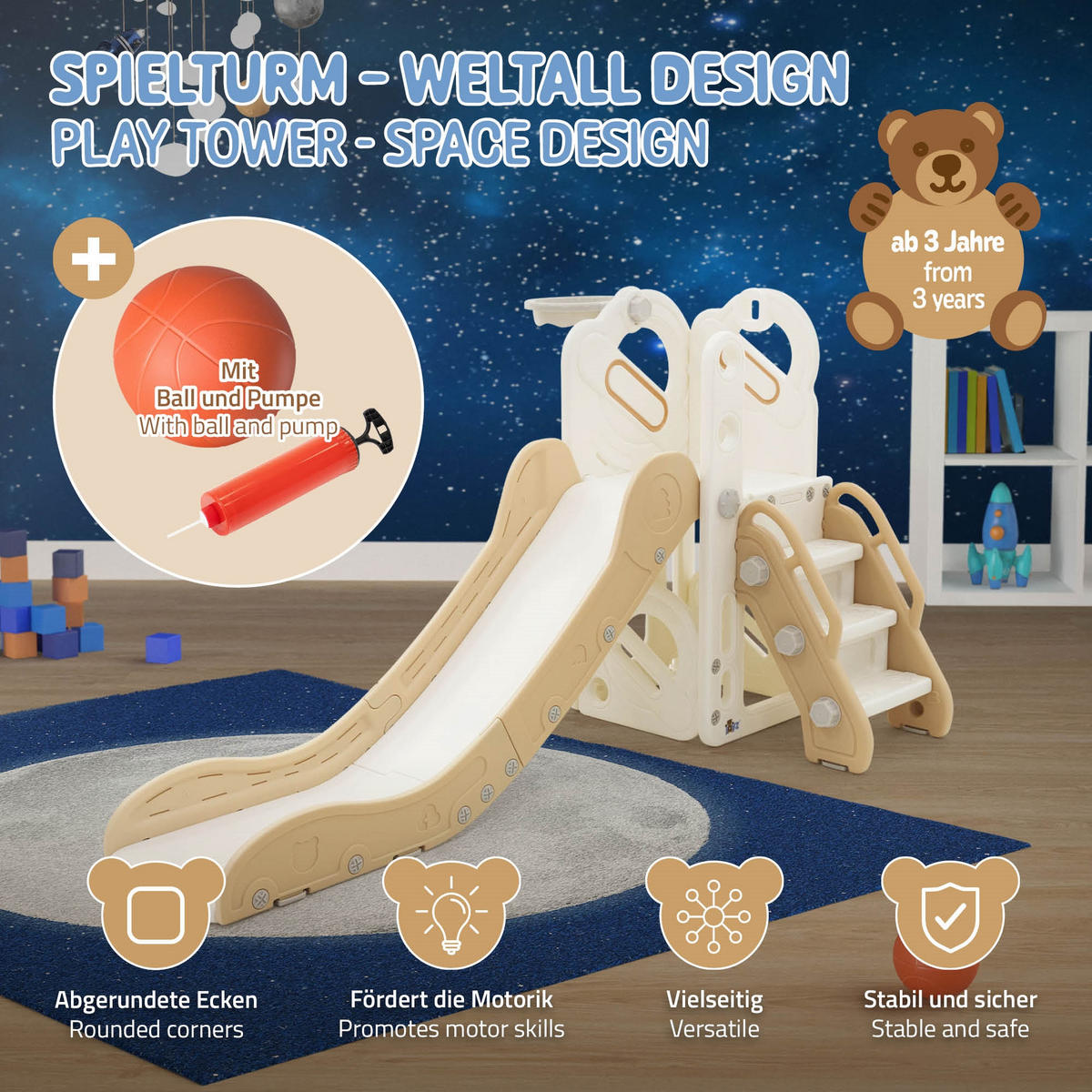KINDERRUTSCHE 3 in 1 Kleinkinderrutsche mit Turm und Basketballkorb Weiß-Beige - Beige, Kunststoff (153/85.5/91cm) - Joyz