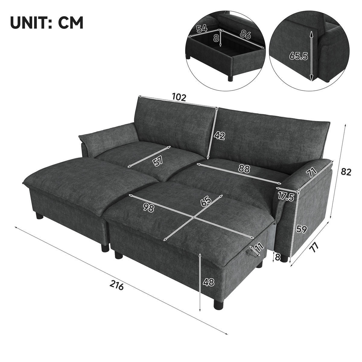 SOFA Schwarz U-Form Cloud Modular Deep Seat 216cm Hocker - Schwarz, Textil (77/82/216cm) - FLIEKS