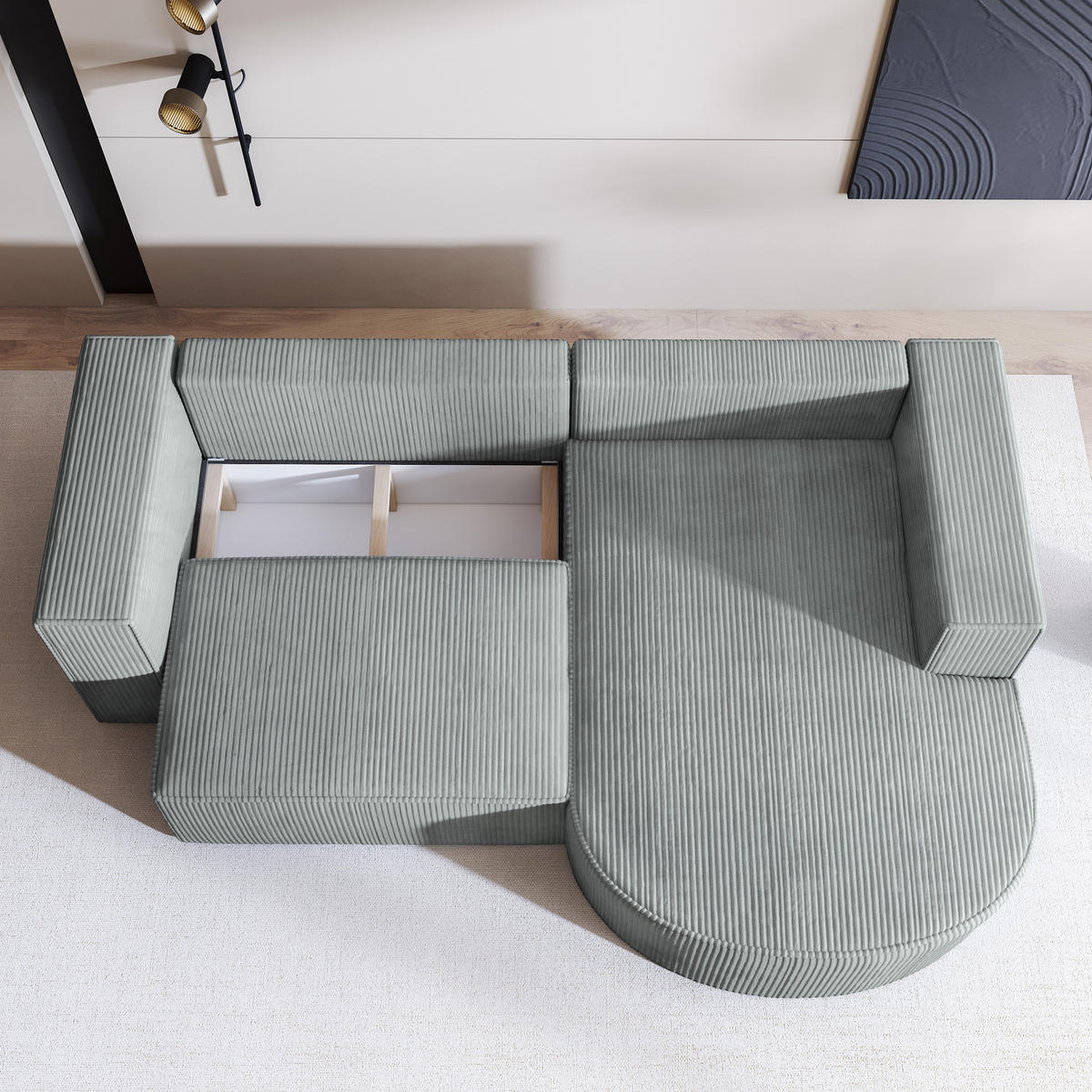 ECKSOFA SORELA P R-S Creme Kordstoff mit Schlaffunktion - Creme, Holz (263/174cm) - MASSENO