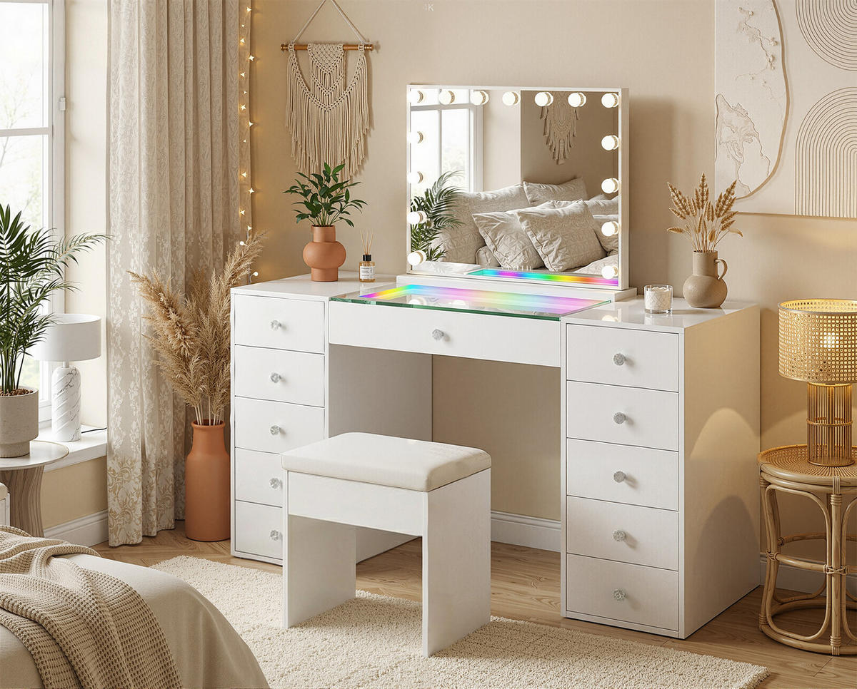 KONSOLENTISCH mit LED 11 Schubladen 130/55/81 CM - Weiß, Metall (55/130/81cm) - VANITII