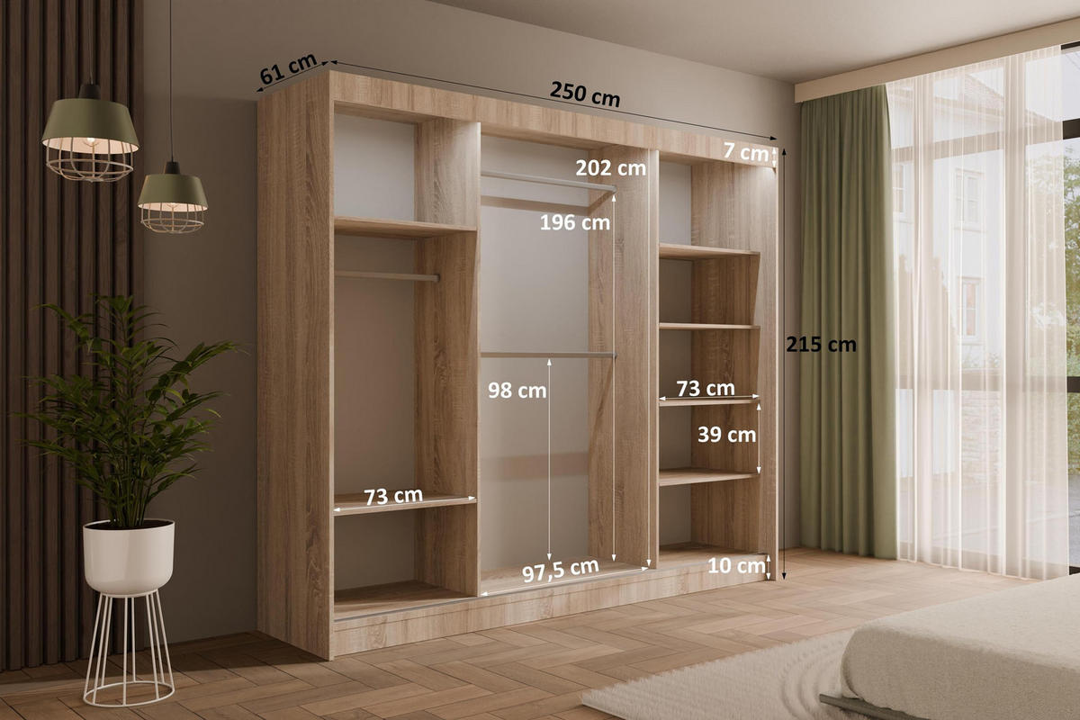 KLEIDERSCHRANK mit LED, Lamel-Schiebetüren VILANv2 - 250 cm Sonoma Eiche + Sonoma Eiche + Lamelle Eiche Wotan - Eiche Wotan/Sonoma Eiche, Holzwerkstoff (250/215/61cm) - ALTDECOR