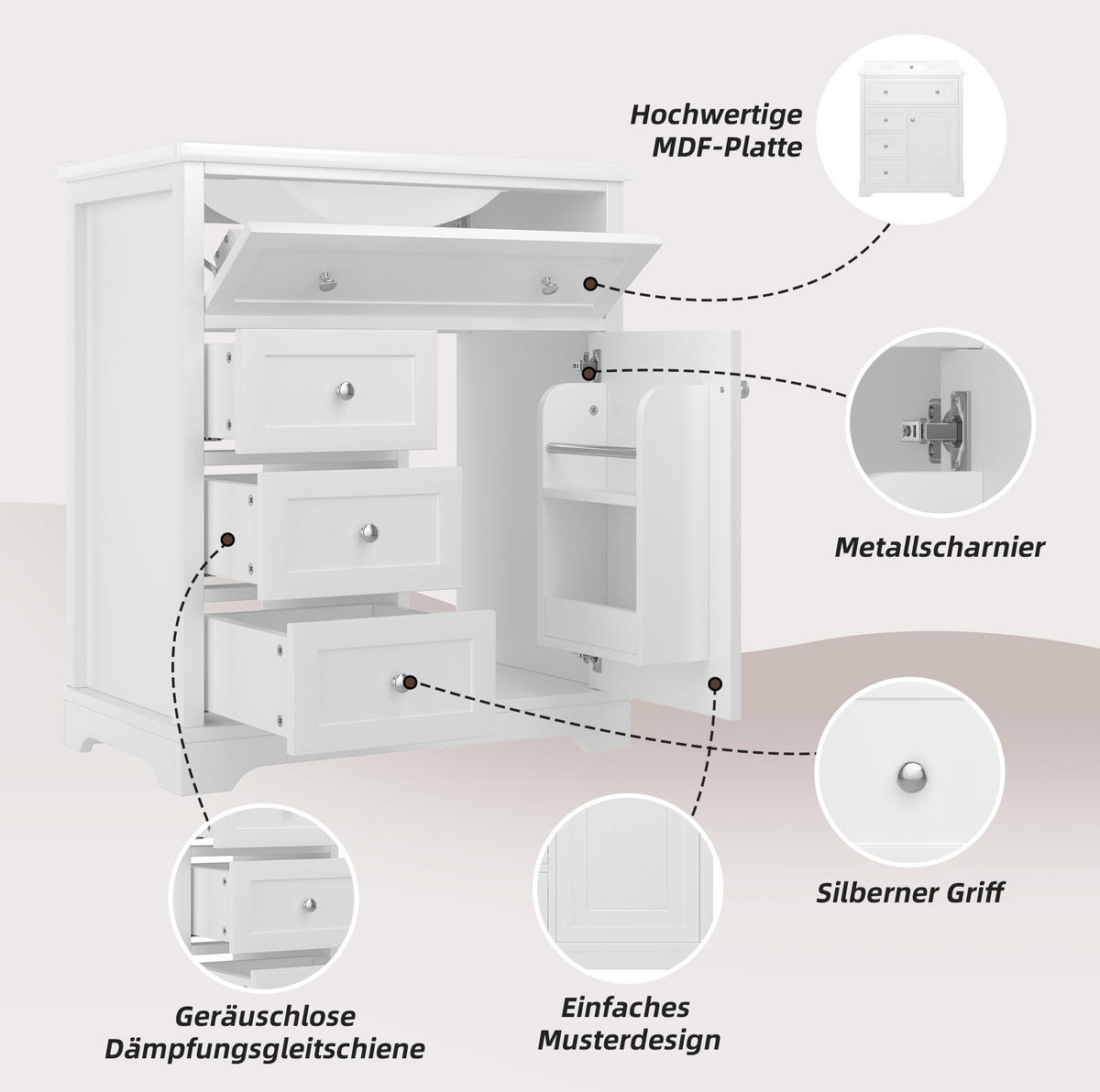 WASCHTISCHKOMBI 76/46/87 cm Weiß aus Keramik und MDF mit Keramikwaschbecken - Weiß, Holzwerkstoff (76/87/46cm) - OKMYHOME