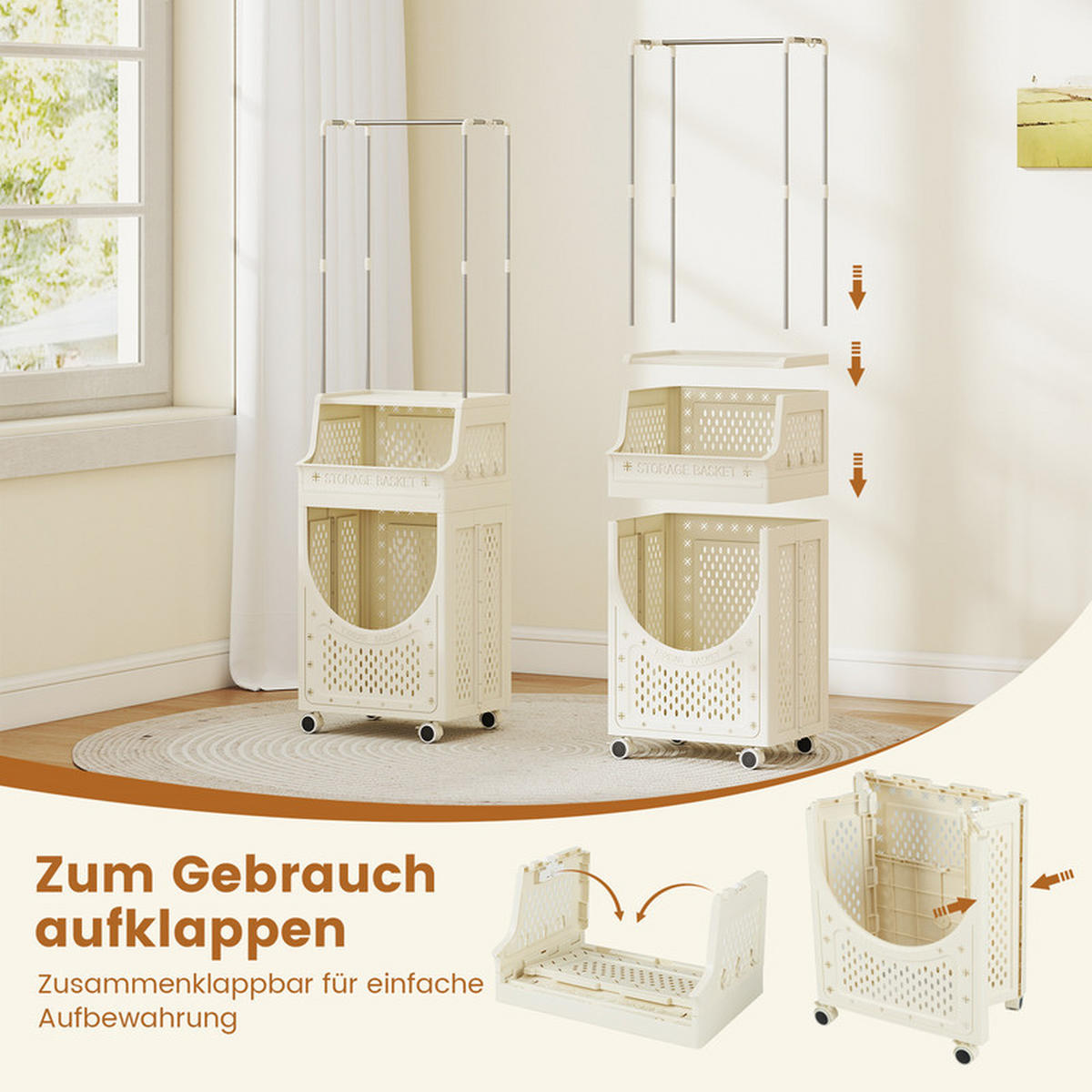 WÄSCHEKORBWAGEN mit Kleiderstange beige - Beige, Kunststoff (40/136/30cm) - COSTWAY