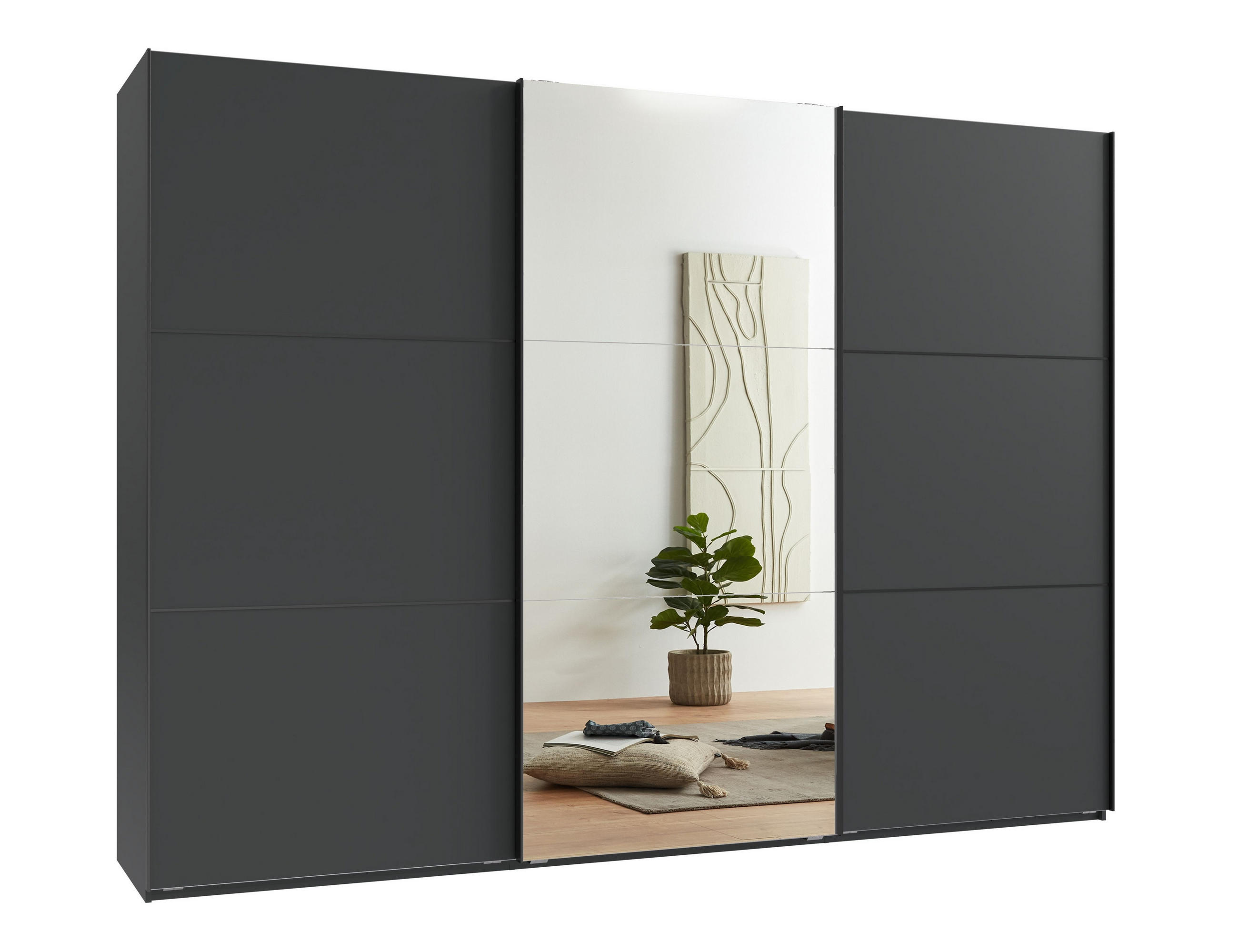 luma-home SKŘÍŇ S POSUVNÝMI DVEŘMI, 3dveřová, 300 × 216 × 65 cm (Š×V×H), v antracitové barvě, s jedněmi zrcadlovými dveřmi, včetně kompletního vybaven