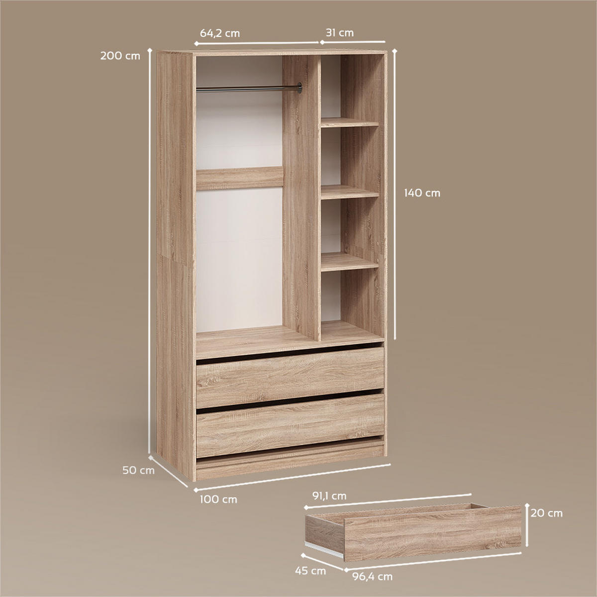 KINDERKLEIDERSCHRANK Trento Sonoma 100 x 200 cm mit 2 Schubladen - Sonoma Eiche, Holzwerkstoff (100/200/50cm) - Livinity®