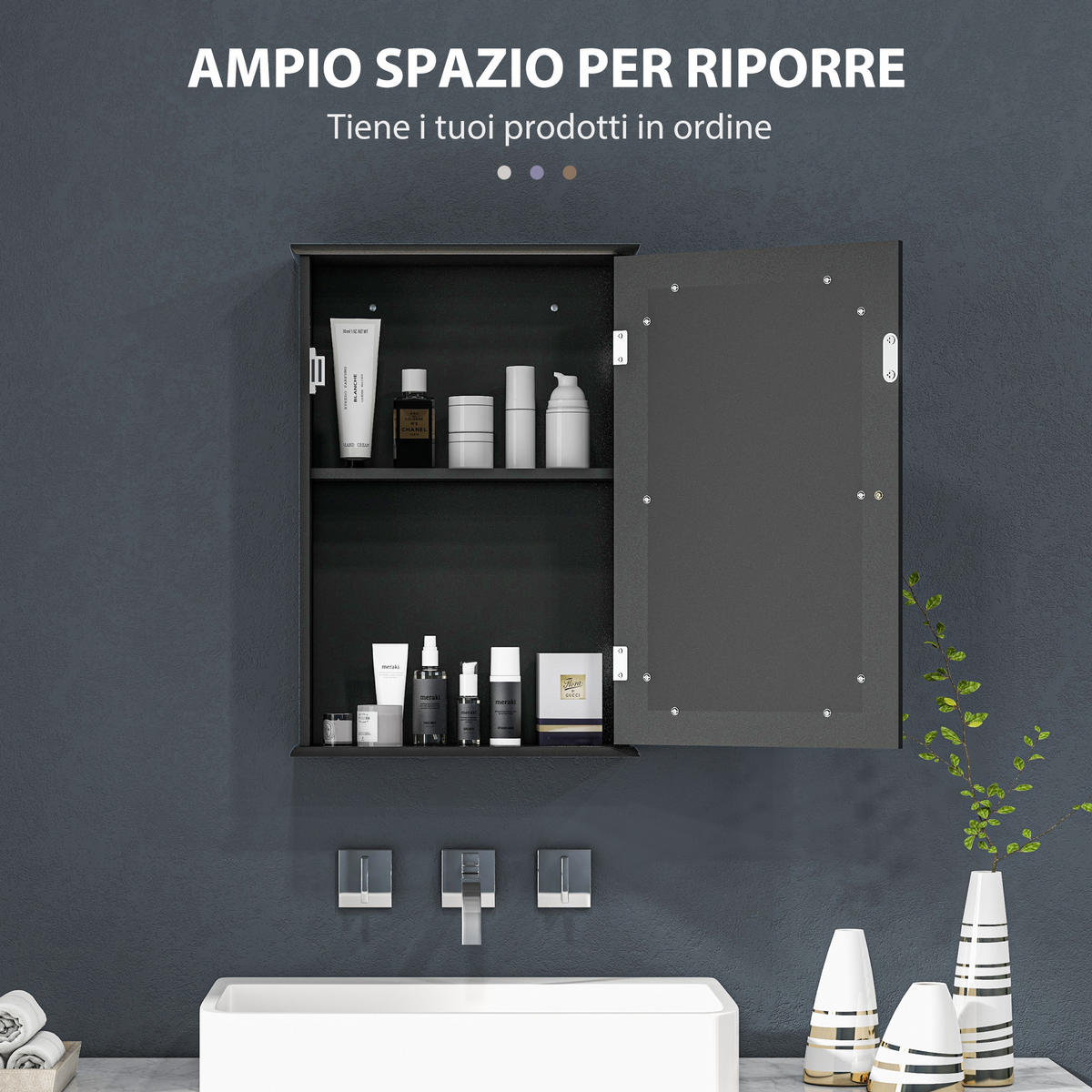 SPIEGELSCHRANK Spiegelschrank mit Spiegel und Magnetverschlusstür, 41 x 14 x 60 cm ,Schwarz - Schwarz, Glas (41/60/14cm) - Vallsero