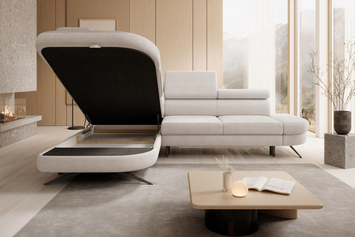 ECKSOFA OTIS L-förm, Schlaffunktion, verstellbare Kopfstützen, in AURORA-Stoff, lose Rückenkissen, freistehend, LINKS 218x276x97 cm Beige - Beige, Holz/Textil (218/276cm) - DomoHome