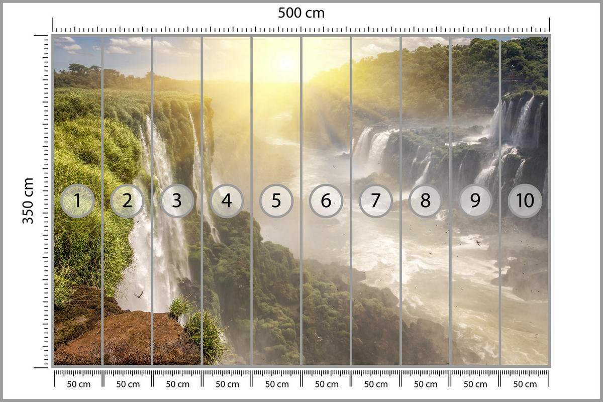 FOTOTAPETA Pre Obývaciu Izbu Vodopád Východ Slnka Rastliny 500 x 350 cm - hnedá/žltá, papier (500/350cm) - Muralo