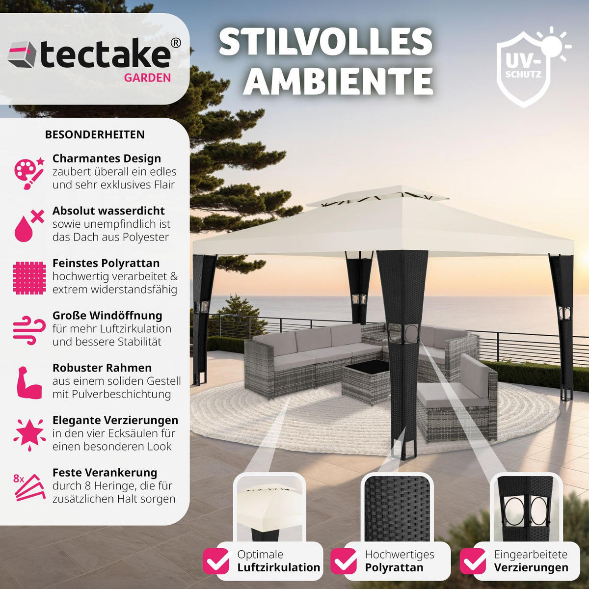 RATTAN GARTENPAVILLON Mona,inklusive Heringen,schwarz/creme - Creme/Schwarz, Kunststoff (300/265/400cm) - tectake