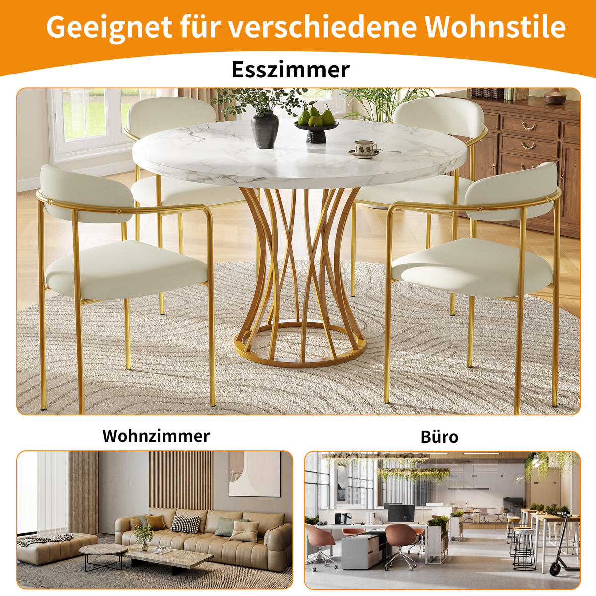ESSTISCH Marmoroptik Weiß/Goldfarben 80/80/76 cm - Goldfarben, Holz (80/80/76cm) - PANGIVO
