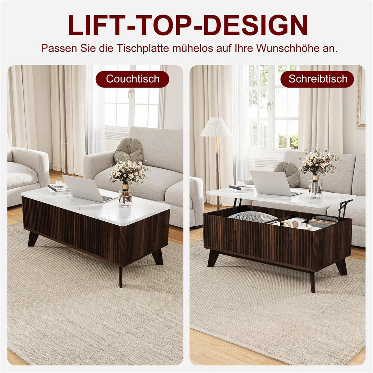 COUCHTISCH in weißer Marmoroptik - Couchtisch Rechteckig mit Lift-Funktion Stauraum und Holzbeinen - Walnuss - Walnussfarben, Holzwerkstoff (53/105/42cm) - DELFA