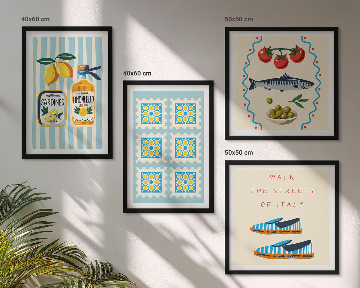 BILDER SET 4er Set - 50x50 cm & 40x60 cm Schwarzer Rahmen - Fruchtmuster und italienische Kultur - Schwarz, Kunststoff (50/50cm) - TULUP