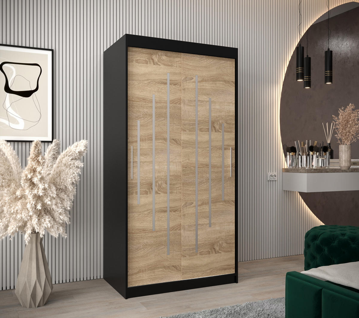 SCHWEBETÜRENSCHRANK 200/100/62 2-türig - Silberfarben/Schwarz, Holz/Kunststoff (100/200/62cm) - Abiks Möbel