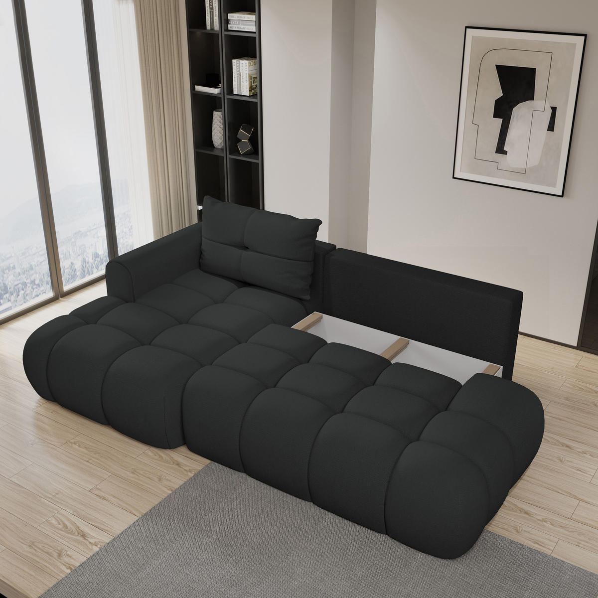 ECKSOFA FLUMA L-S Schwarz Geflochtener Stoff mit Schlaffunktion - Schwarz, Holz (274/165cm) - MASSENO