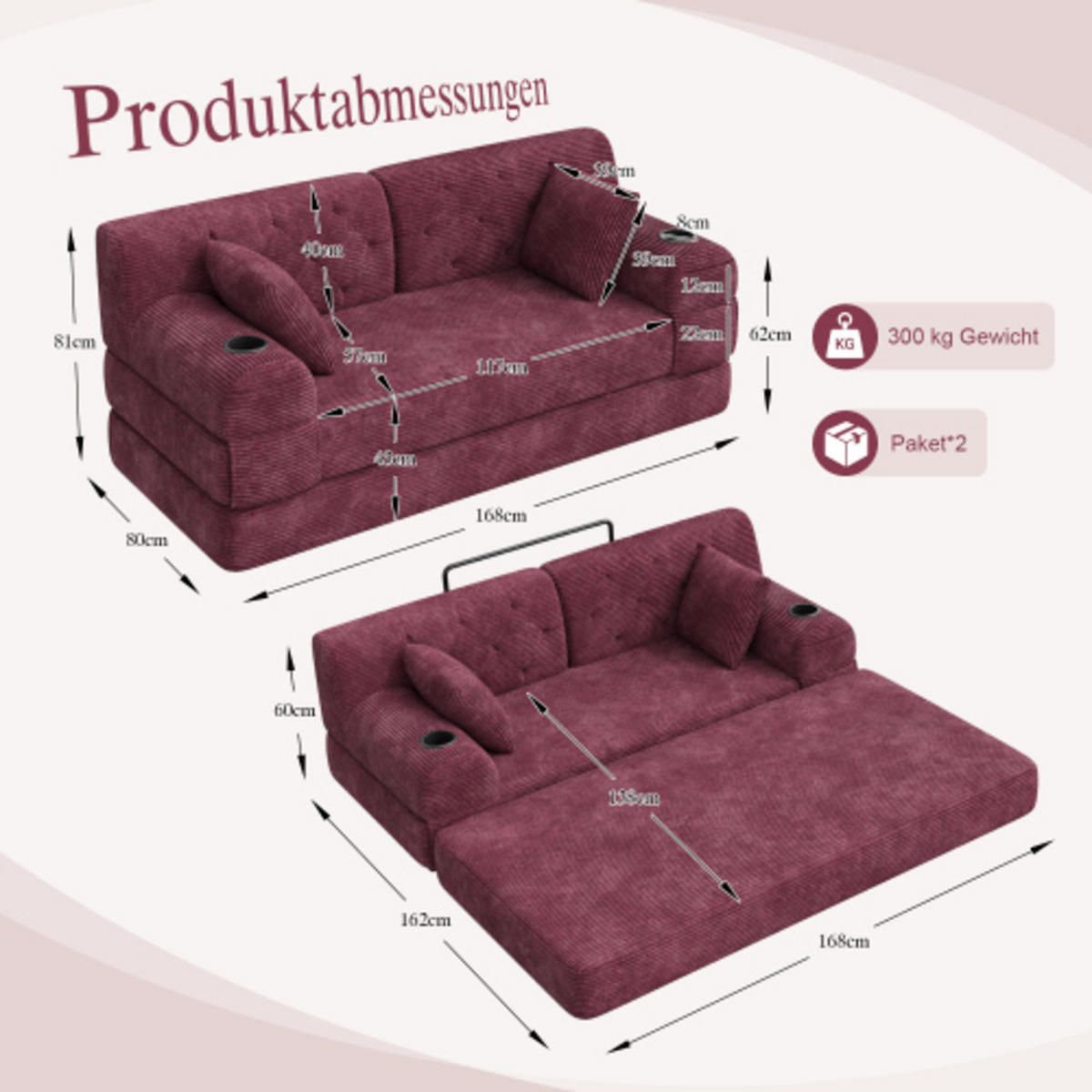 SCHLAFSOFA mit Metallrahmen weinrot 168×80×81 cm aus Cordstoff - Weinrot, Textil (80/81/168cm) - Luhomfu