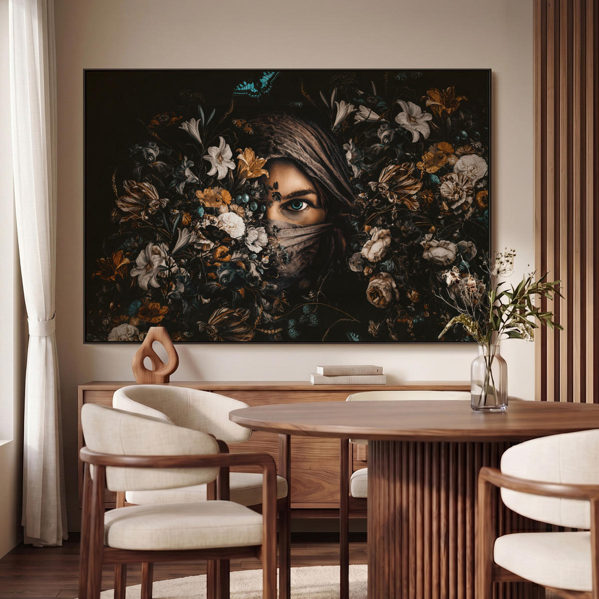 LEINWAND Bilder mit Rahmen - Frau - Luxus - Blumen - Schmetterling - Porträt - 150x100 - Schwarz, Textil (150/100cm) - MuchoWow