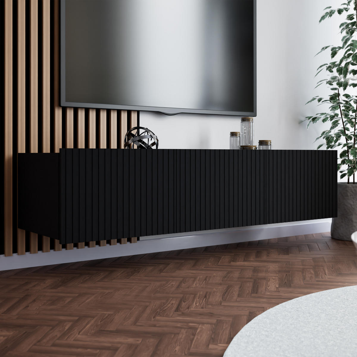 LOWBOARD Kavell mit 2 Türen, 150 cm, stehend/hängend, schwarz matt - Schwarz, Holzwerkstoff (150/37.5/43cm) - Beautysofa