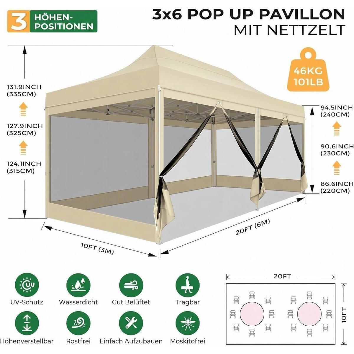FALTPAVILLON 3x6m Wasserdicht Stabil mit 6 Seitenwänden Khaki - Olivgrün, Textil (300/335/600cm)