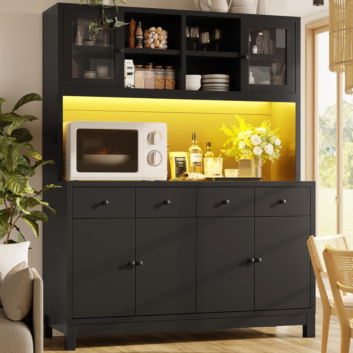 BUFFETSCHRANK aus MDF 140x38,5x180 cm Schwarz mit RGB-LED, Glastüren und 4 Schubladen - Schwarz, Holzwerkstoff (140/180/38.5cm) - IVMEU