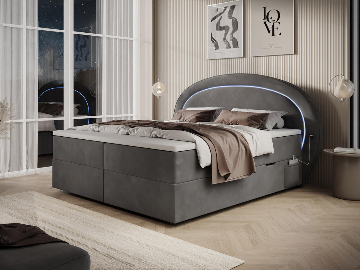 BOXBETT Orion 1 grau 180/200 cm mit LED H3 - Grau, Textil (180/200cm) - wonello
