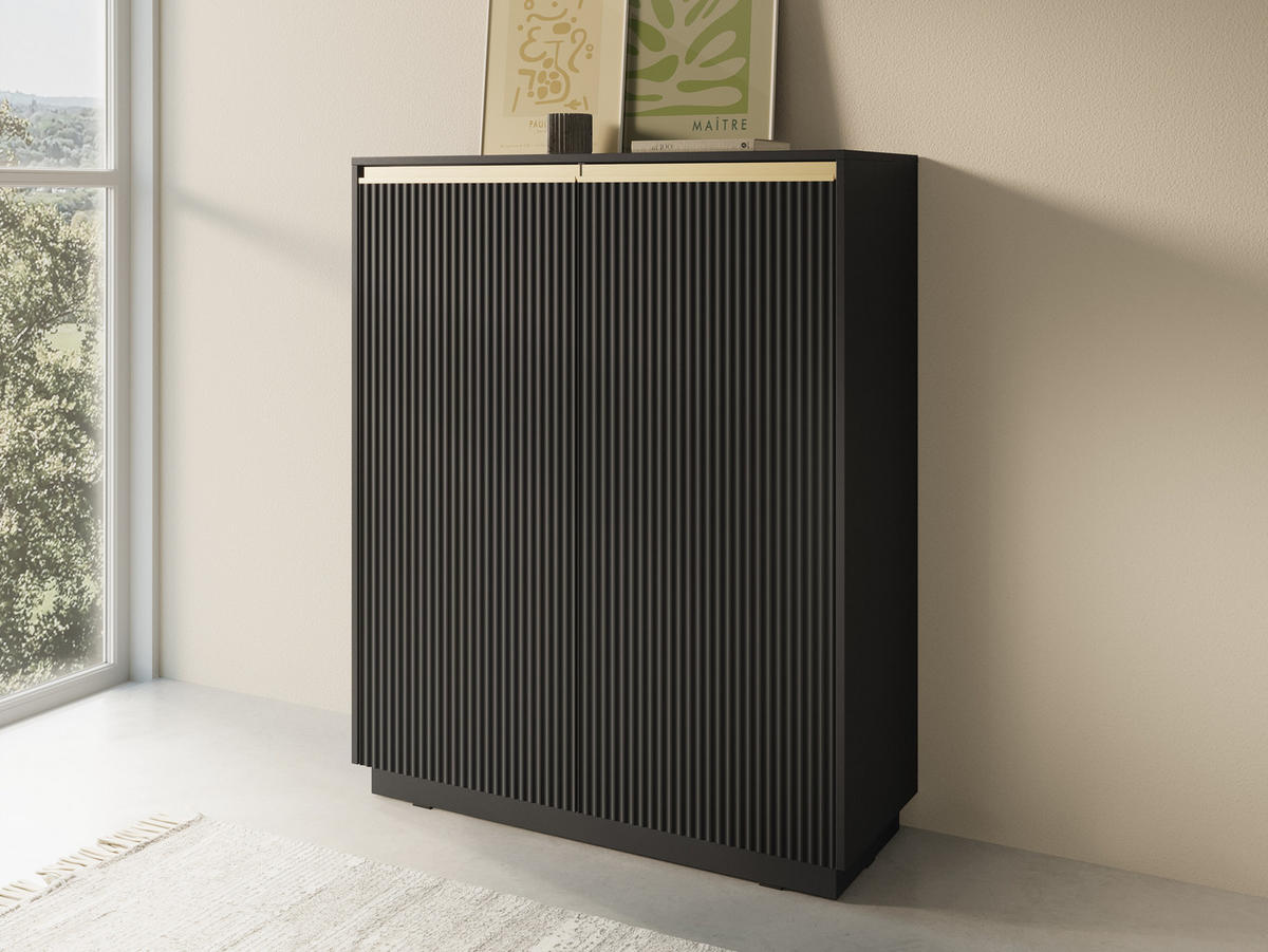 KOMMODE Loren, zweiflügelig, hoch, mit geriffelten Fronten in Schwarz - Goldfarben/Schwarz, Holzwerkstoff/Metall (104/127/39cm) - Ravio