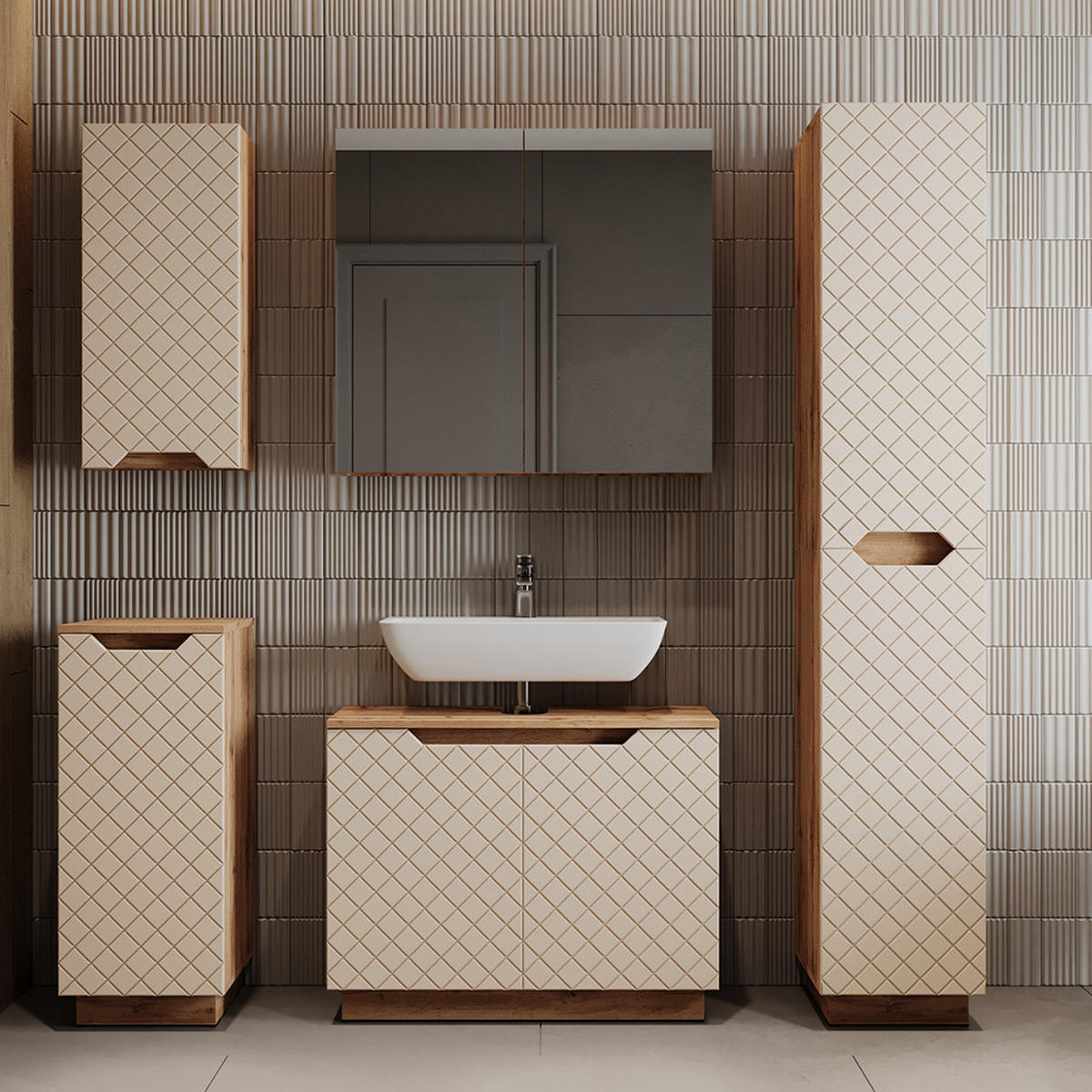 WASCHBECKENUNTERSCHRANK Lotta Eiche/Kaschmir mit Kachelstruktur 79.6 x 62.1 cm mit 2 Türen - Kaschmir/Eichefarben, Holzwerkstoff (79.6/62.1/32cm) - Vicco