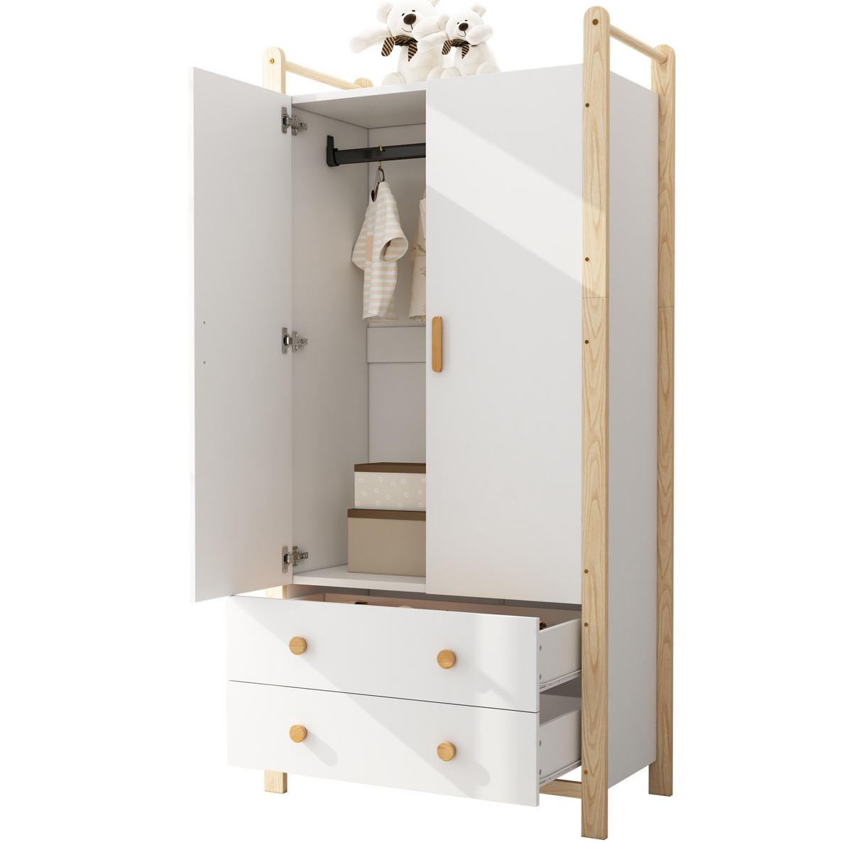 KLEIDERSCHRANK aus Spanplatte & Kiefer, Kleiderstange & 2 Schubladen, 89,6/44/180,5 cm, Weiß/Natur - Weiß, Holzwerkstoff (89.6/180.5/44cm) - Redom