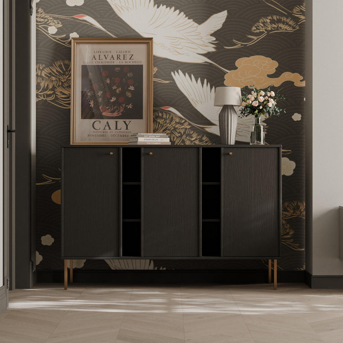 KOMMODE FLOW 157/41/95 cm, Schwarz - Schwarz, Holzwerkstoff/Metall (157.7/95/40.8cm) - Idohome