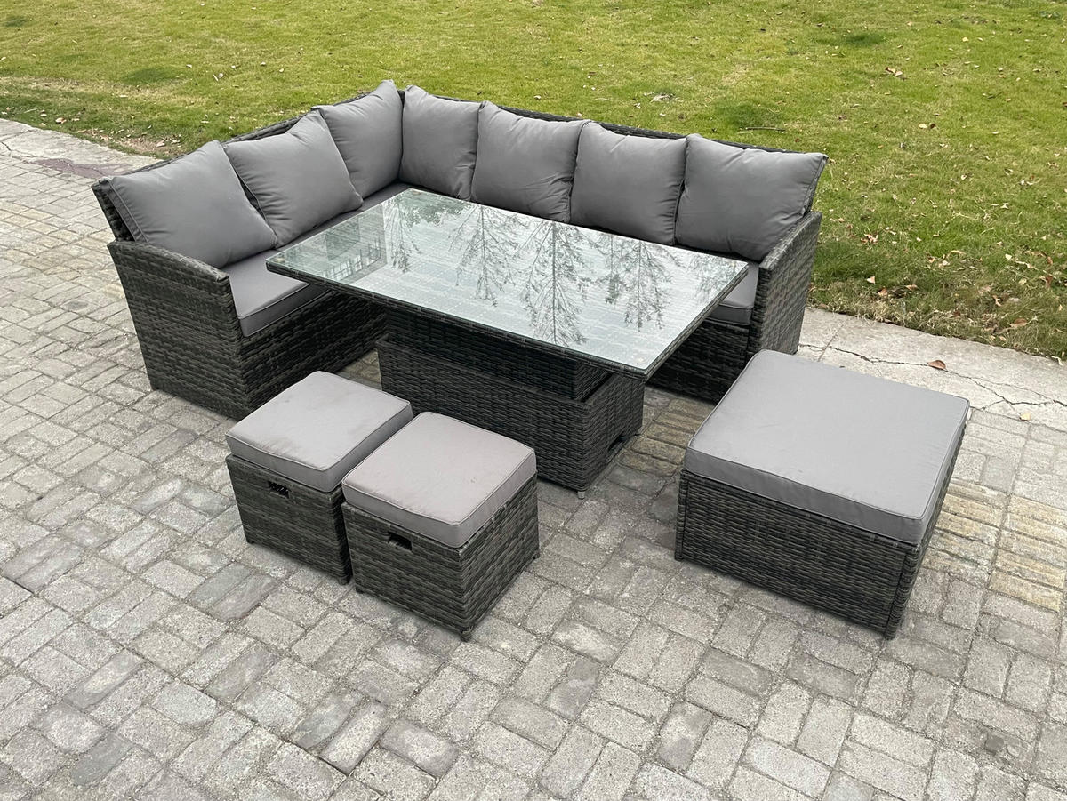 GARTENSET mit Höhenverstellbarer Tisch, 3 Fußhocker Polyrattan Dunkelgrau 9-Sitzer - Dunkelgrau/Grau, Glas/Kunststoff - Fimous