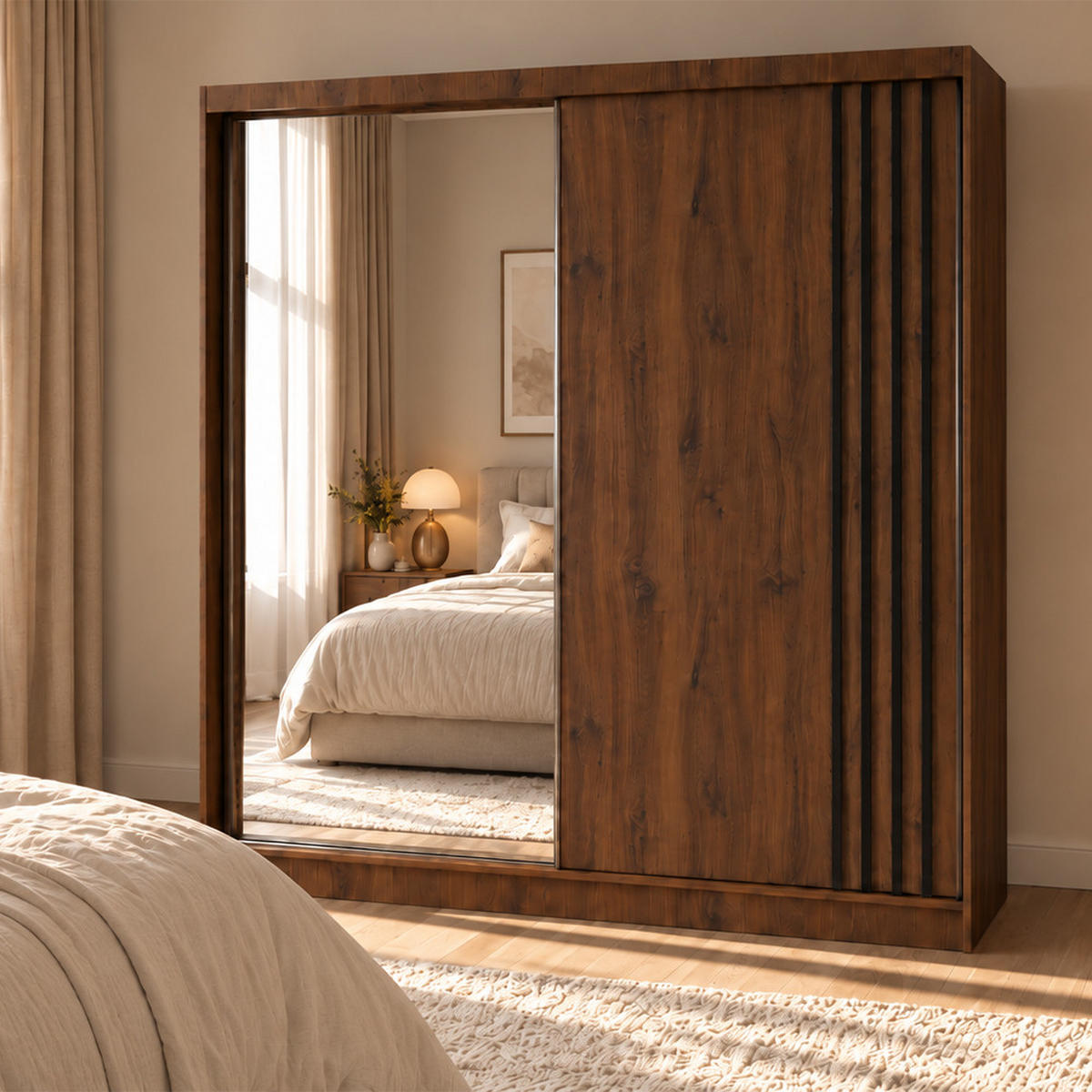 KLEIDERSCHRANK Nila 200 cm Nussbaum Warmia Spiegel 2 Schubl. Griffe schwarz - Nussbaumfarben, Holzwerkstoff (200/216/61cm) - KS Home Concept
