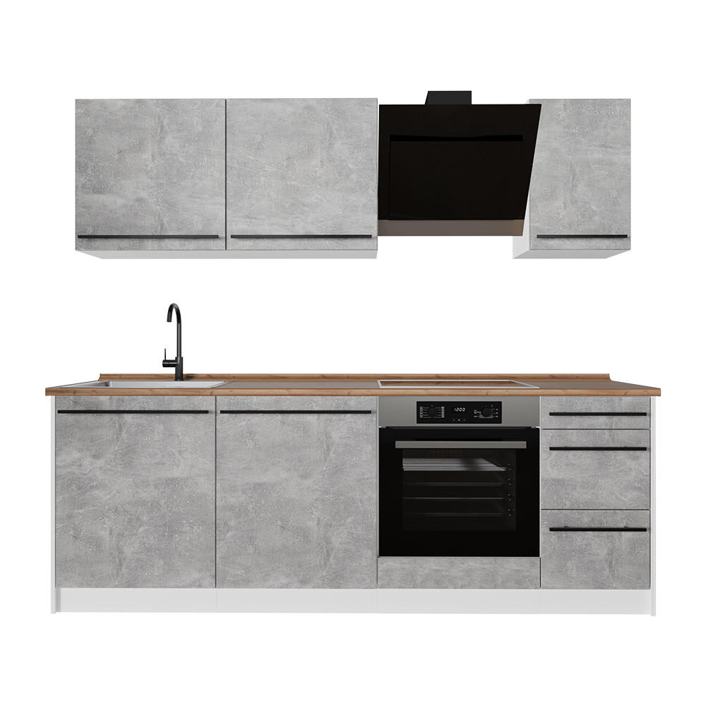 KÜCHENZEILE R-Line, Beton/Weiß, 220 cm ohne Arbeitsplatte - Weiß/Grau, Holzwerkstoff (220/81.6/46cm) - Vicco