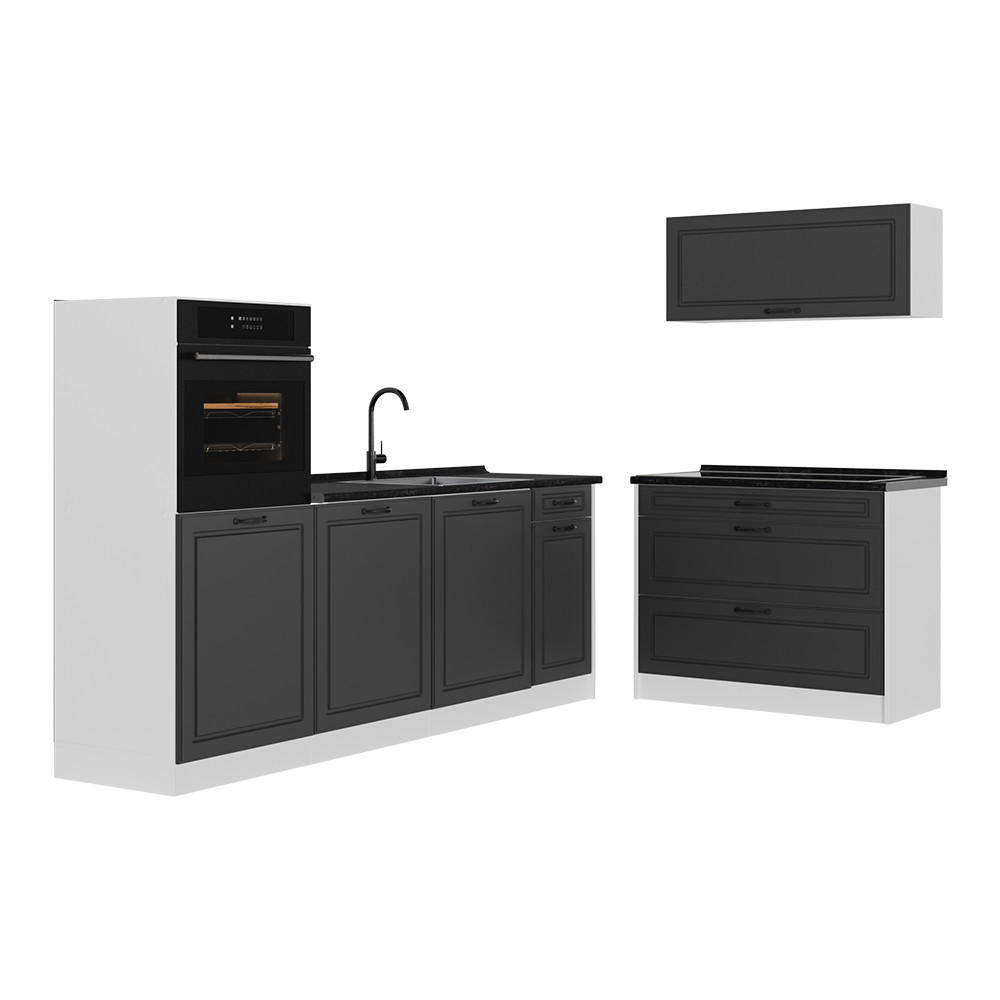 KÜCHENZEILE R-Line, Anthrazit Landhaus/Weiß, 220 cm Arbeitsplatte Anthrazit - Anthrazit/Weiß, Holzwerkstoff (220/143/60cm) - Vicco