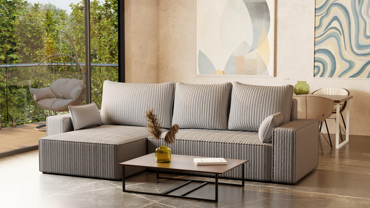 ECKSOFA Tobi mit Bettkasten und Schlaffunktion, L-Form/XL-Form, Cordstoff, Universal - Hellgrau, Holzwerkstoff (276/145cm) - 4ALL HOME