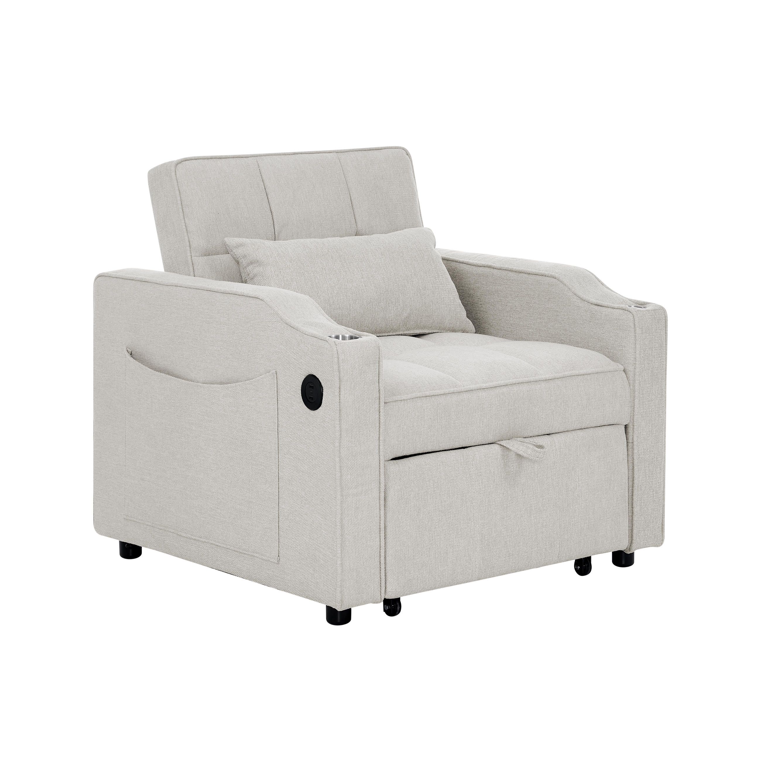 SCHLAFSESSEL DE-35033 3-in-1 mit USB-C und Getränkehalter Grau - Beige, Holz (85/86/190cm) - ComfortXL