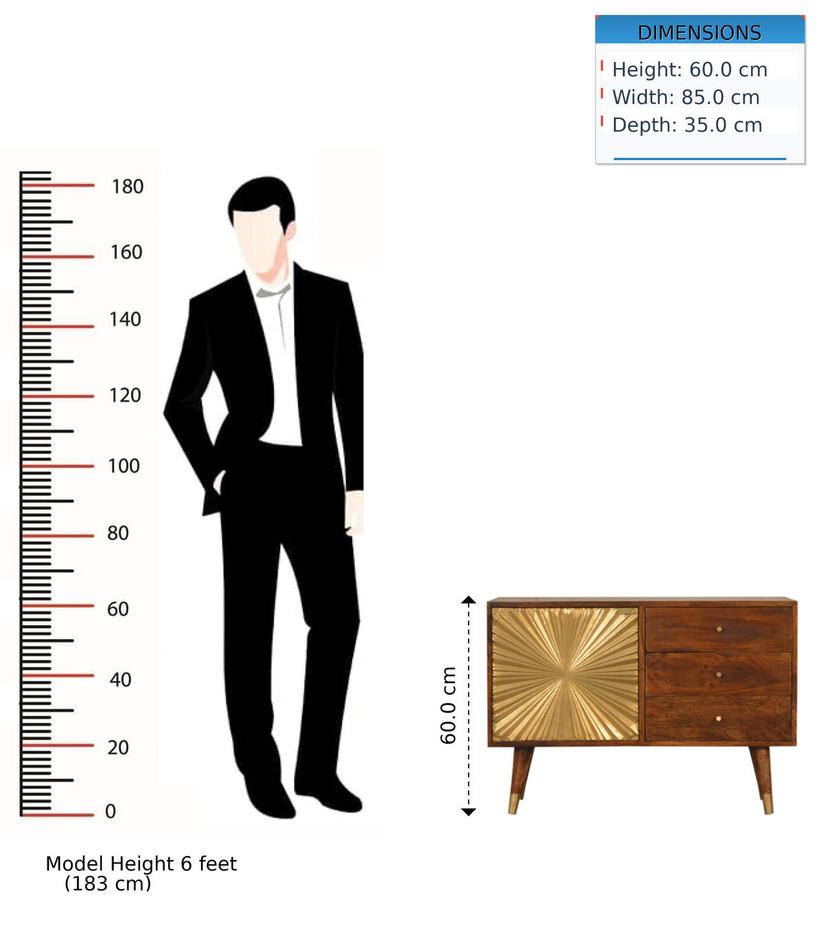 SIDEBOARD Kastanien-Finish, 3 Schubladen, 1 großes Regal, Braun und Gold - Braun, Mangoholz/Holz (35/60/85cm) - Artisan Furniture