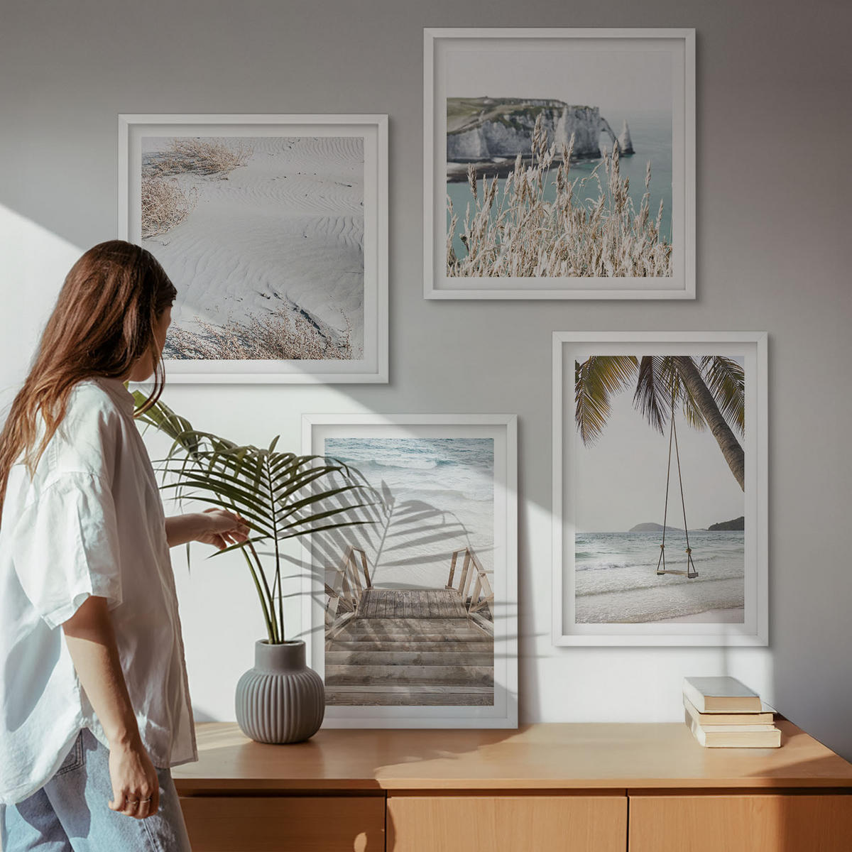 WANDBILDER 4er-Set - 50x50 cm & 40x60 cm Weißer Rahmen - Strandtreppe Schaukel Meer - Weiß, Kunststoff (50/50cm) - ArtPrintCave