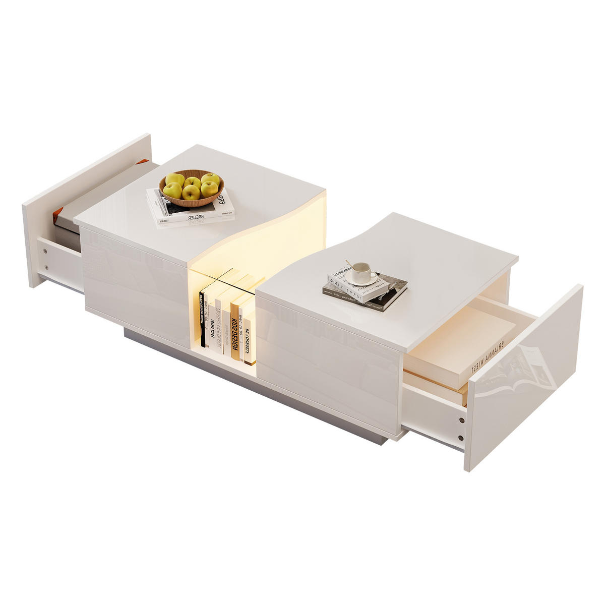 COUCHTISCH 100/50/35 cm Weiß Hochglanz mit 2 Schubladen und LED-Beleuchtung - Weiß, Holzwerkstoff (100/50/35cm) - OKWISH