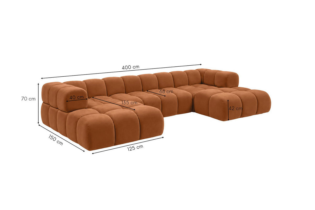 ROHOVÁ SEDAČKA ve tvaru U, velurová tkanina Bluvel, Skořicová, Averro U XL - pomerančová, dřevo (400/70/150cm) - Kaiser Möbel