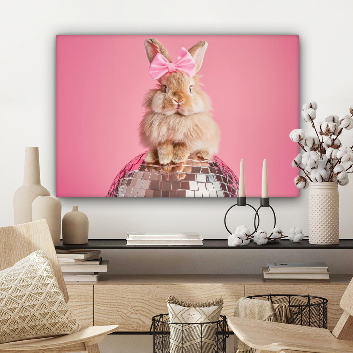 LEINWANDBILD Schleife - Discoball - Kaninchen Gemälde 60x40 cm - Pink, Textil (60/40cm) - MuchoWow