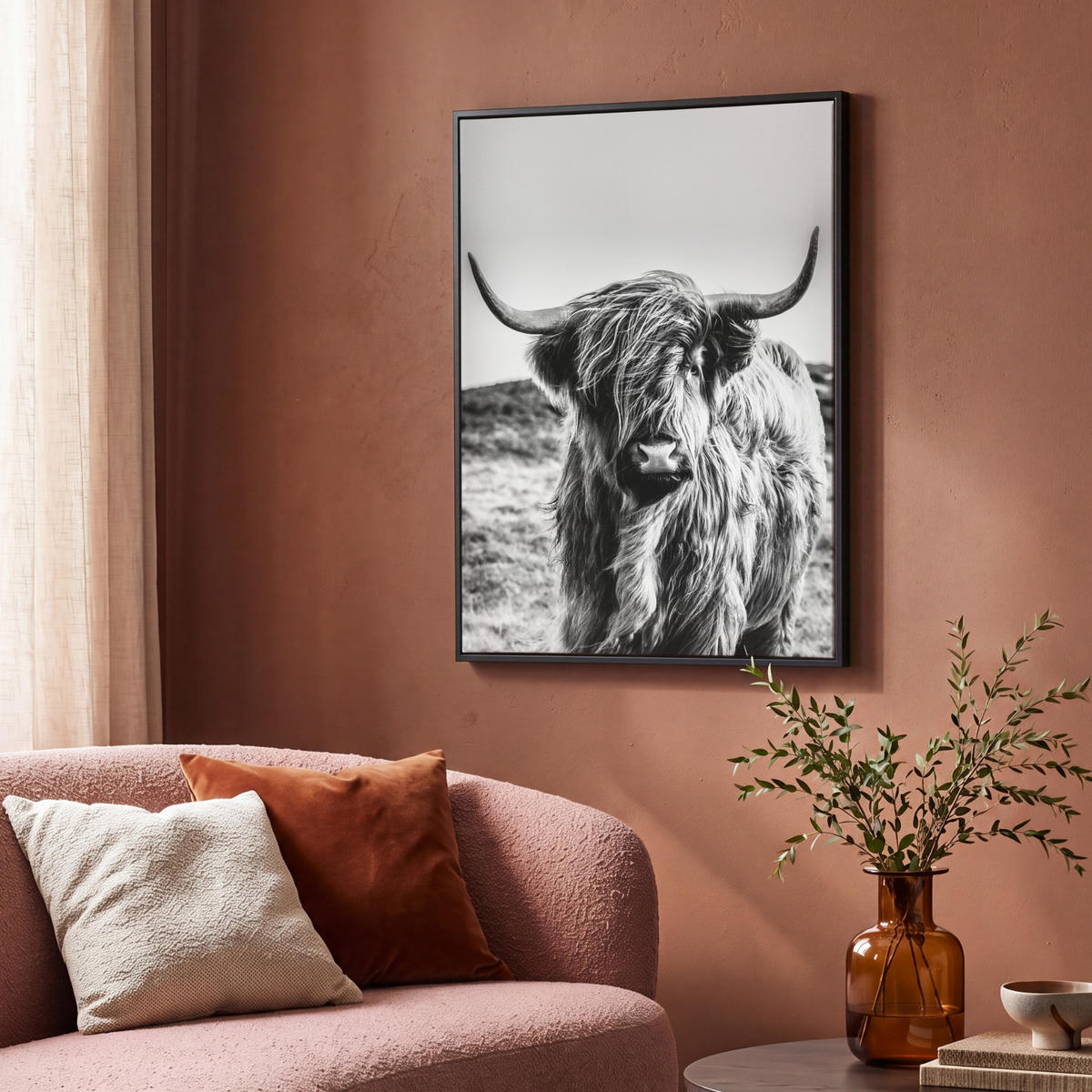 LEINWAND Bilder mit Rahmen - Kuh - Schottischer Hochländer - Schwarz - Weiß - Tier - Natur - Wildtiere - 70x100 - Schwarz, Textil (70/100cm) - MuchoWow