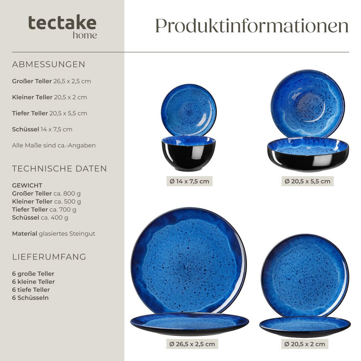 TAFELSERVICE Mare, ineinander stapelbar, blau - Blau, Keramik (26.5/2.5/26.5cm) - tectake