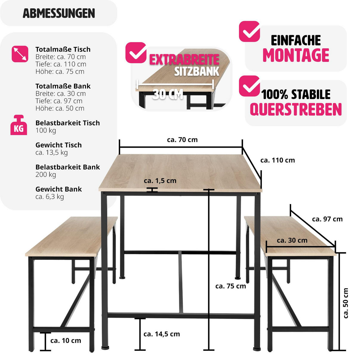 SITZGRUPPE Bolton,mit höhenverstellbaren Kunststofffüßen,Industrial Holz hell, Eiche Sonoma - Naturfarben, Holz (130/75/100cm) - tectake