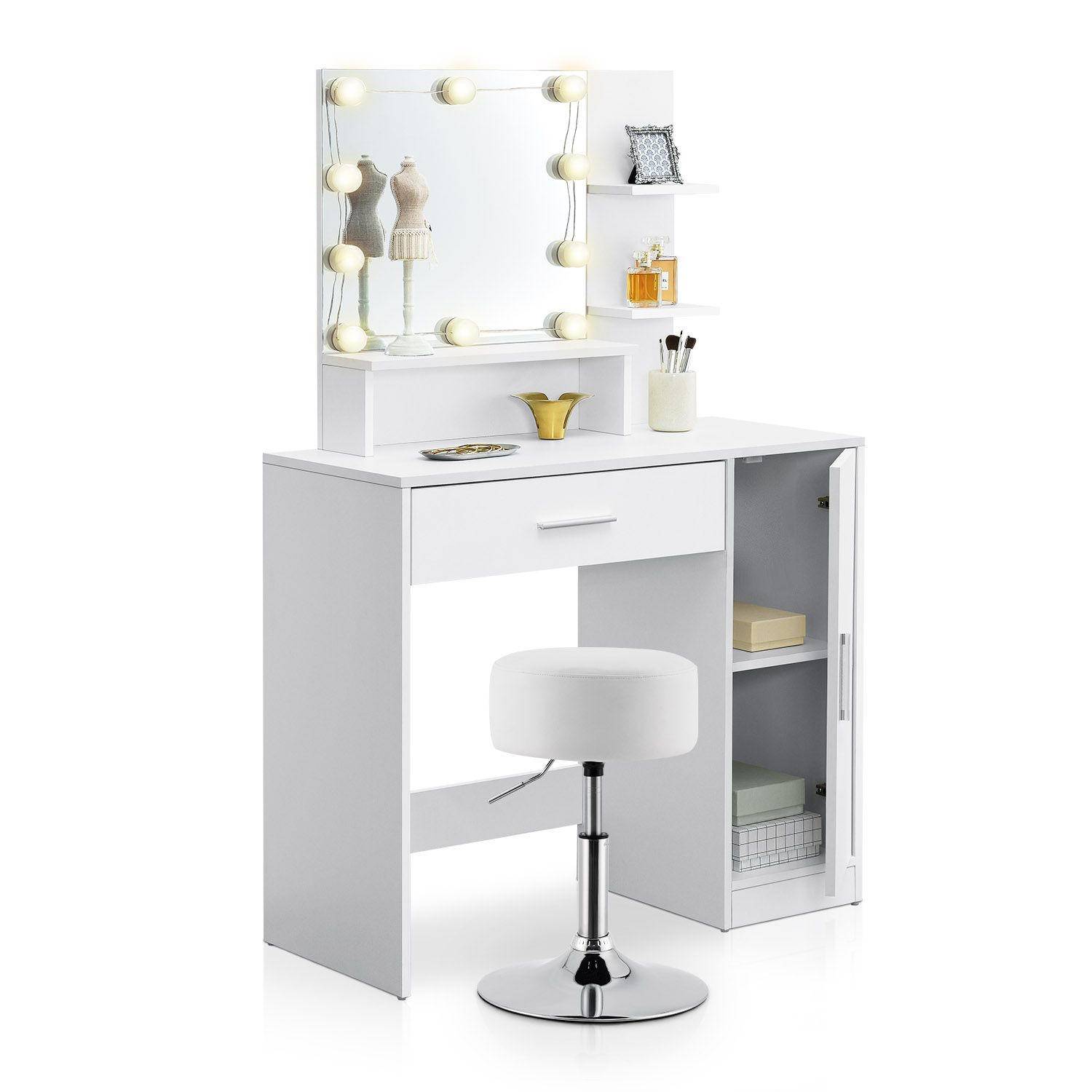 SCHMINKTISCH Zoey mit Schrank und Hocker Tonia - Weiß, Holz (38/137/90cm) - Juskys