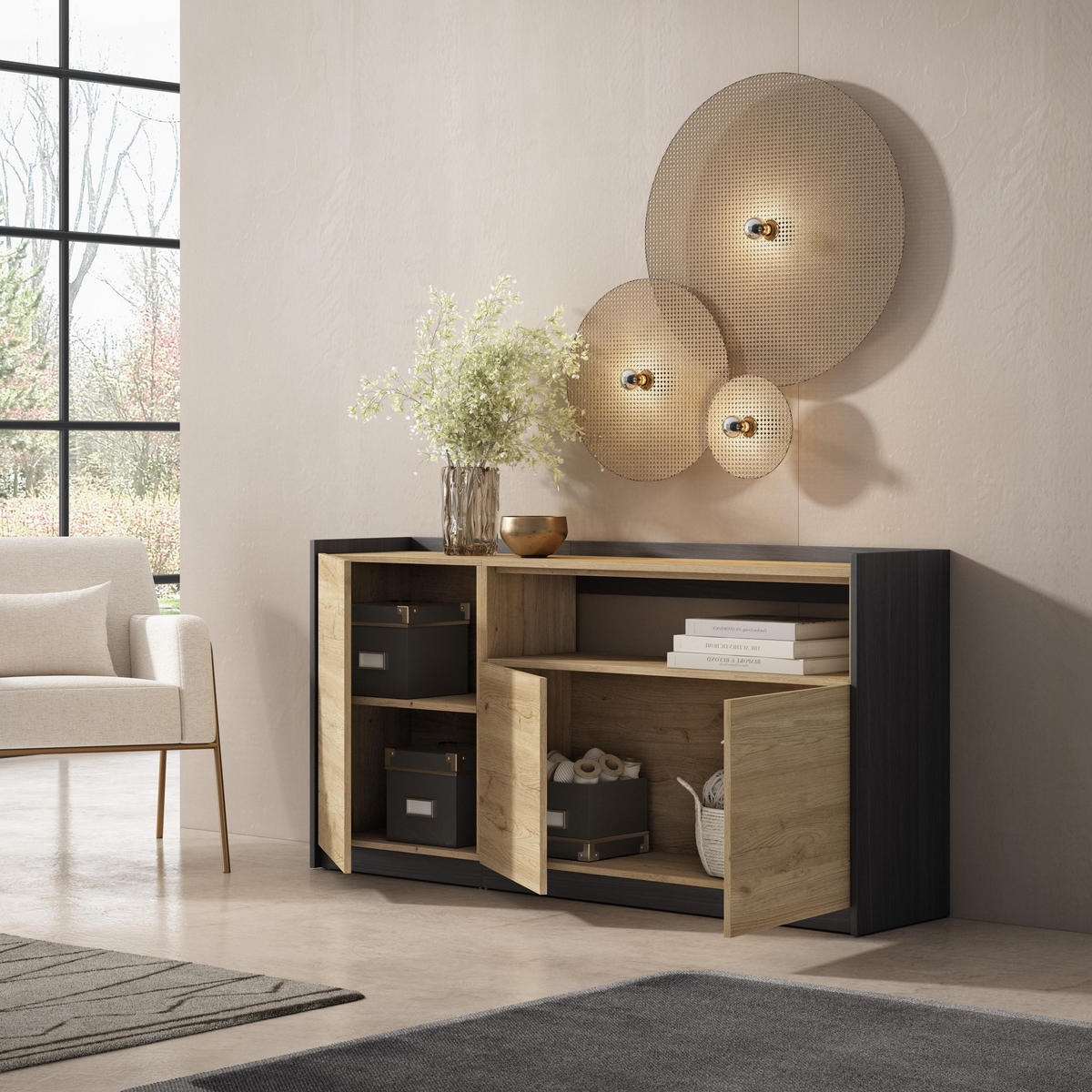 SIDEBOARD, Highboard, Eiche Schwarz, 156/37/80cm - Eichefarben, Holzwerkstoff (156/80/37cm) - Skraut Home