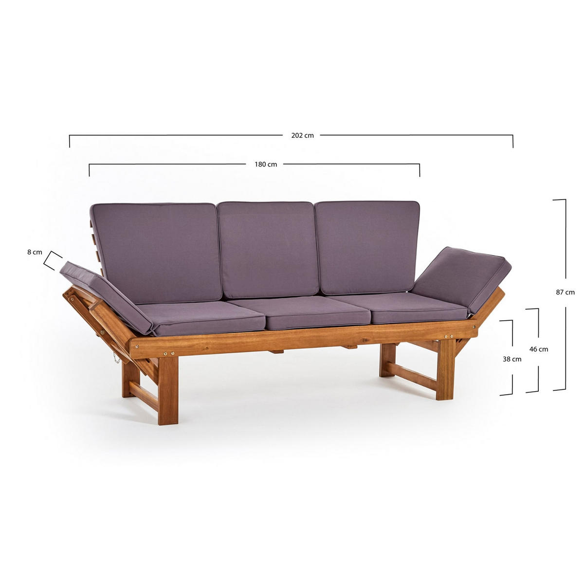 GARTENBANK Akazie 200 Multifunktionell, mit Polstern, integrierter Tisch naturfarben - Naturfarben, Holz (202/87/67cm) - DESIGN DELIGHTS