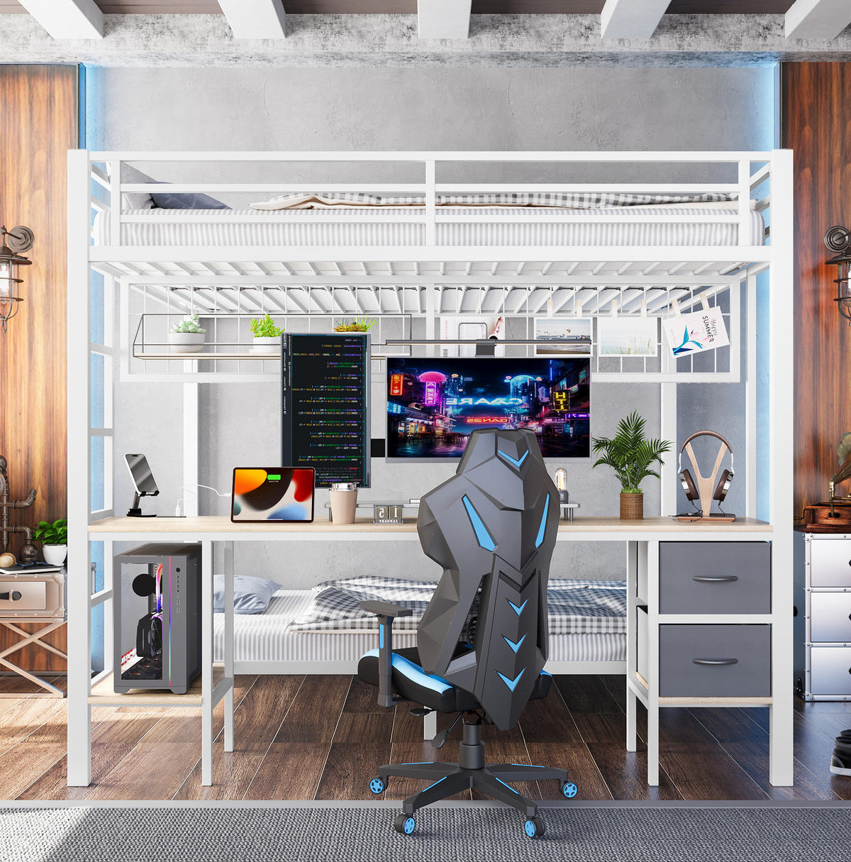 HOCHBETT aus Metall und MDF 140x200 cm Weiß mit Schreibtisch, Schubladen, LED-Leiste und USB-Anschluss - Weiß, Metall (140/200cm) - IVMEU