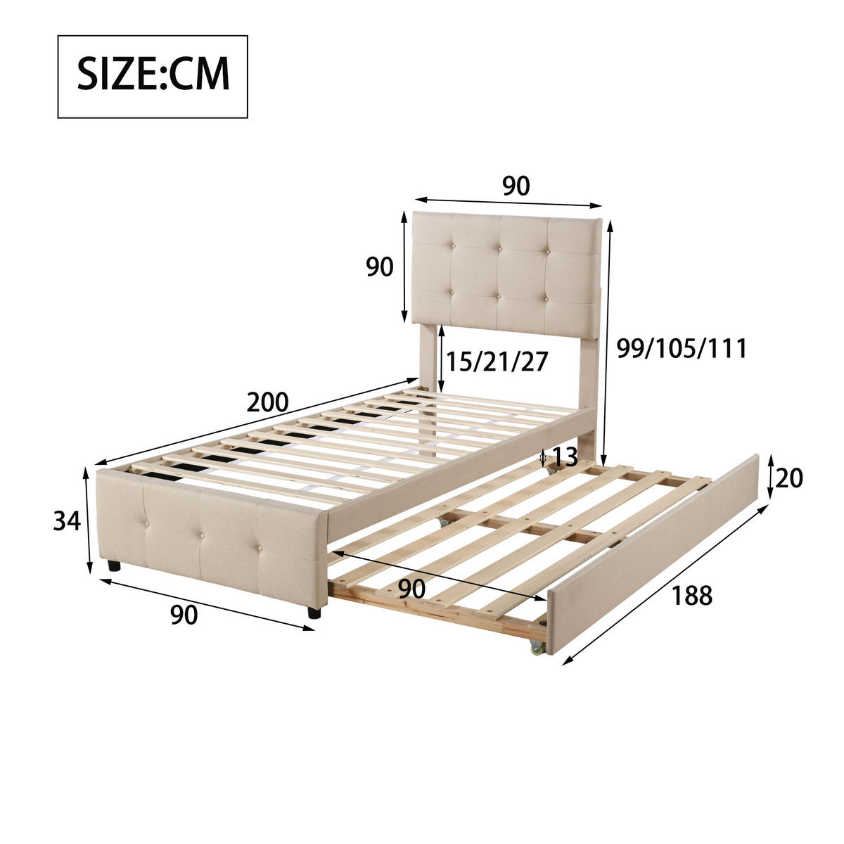 POLSTERBETT 90/200 cm Beige ausziehbares Kinderbett mit höhenverstellbarem Kopfteil - Beige, Textil (90/200cm) - OKWISH