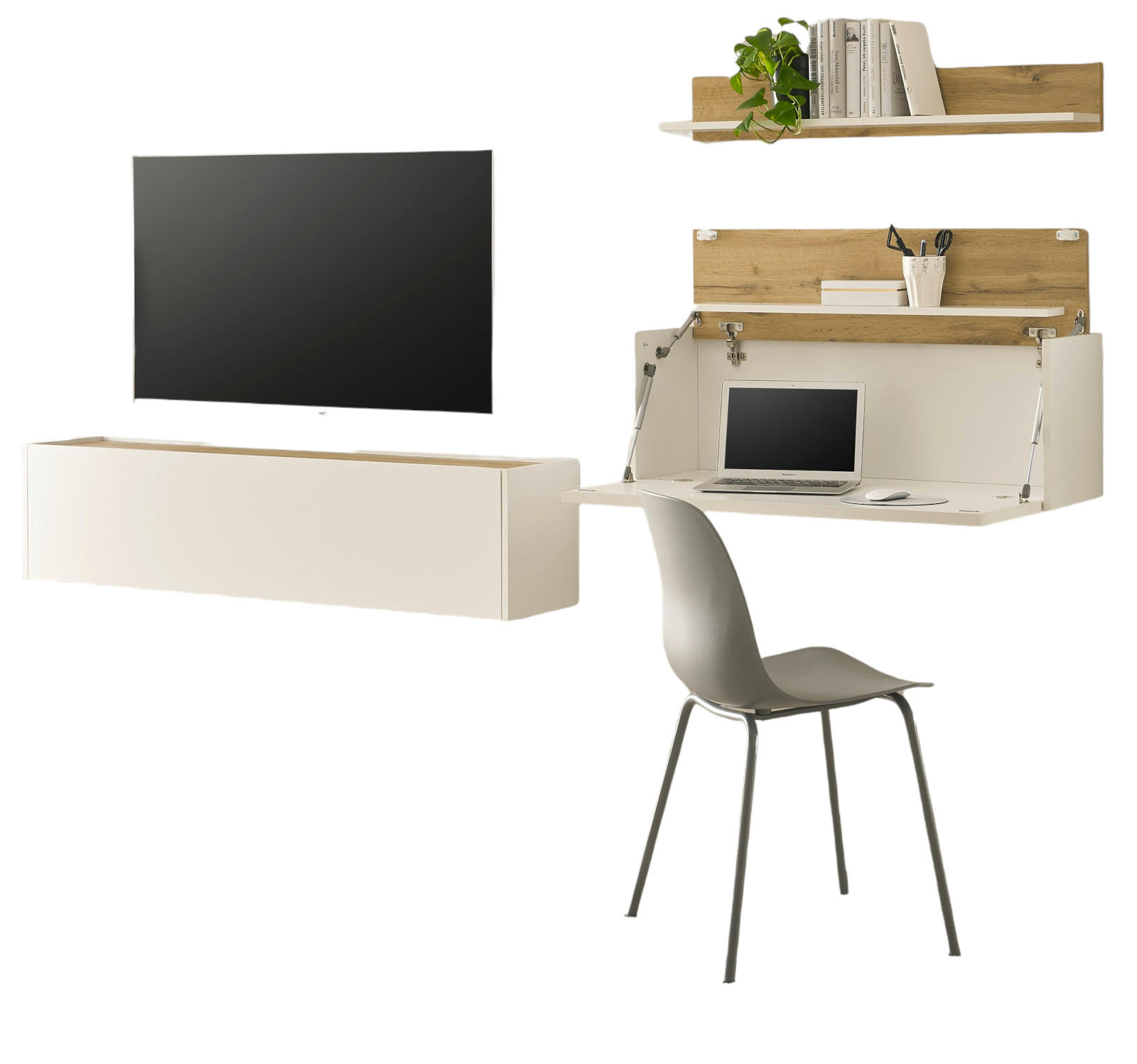 WOHNWAND weiß matt, Eiche Wotan 3-teilig 270 cm, Wohnkombination mit Sekretär - Eiche Wotan/Weiß, Holz/Holzwerkstoff (270/170/30cm) - Furn.Design