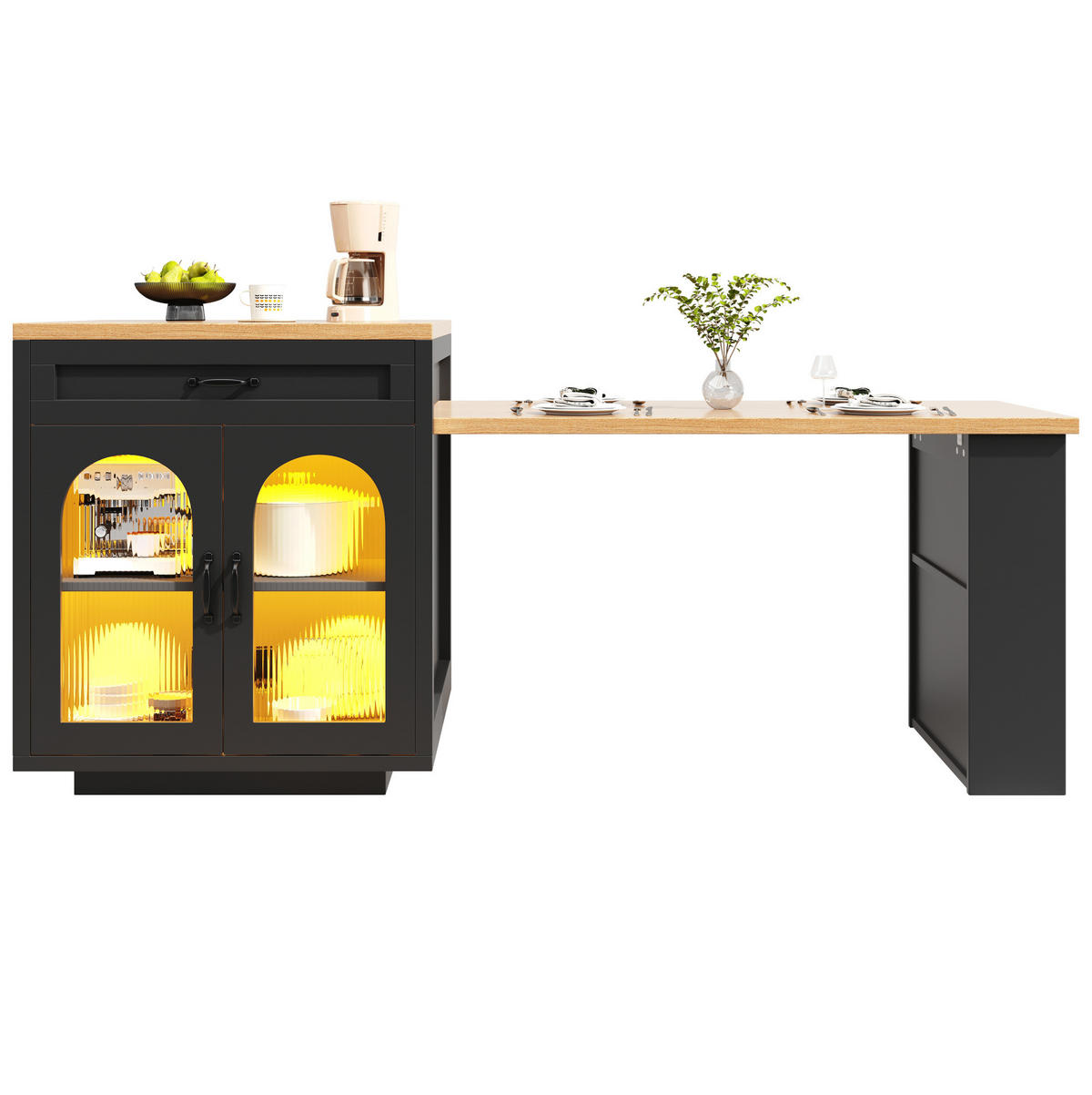 KÜCHENINSEL aus MDF 126-196x59x94 cm Schwarz mit ausziehbarer Tischplatte, RGB-LED-Beleuchtung und Stauraum - Schwarz, Holzwerkstoff (196/94/59cm) - Modfu