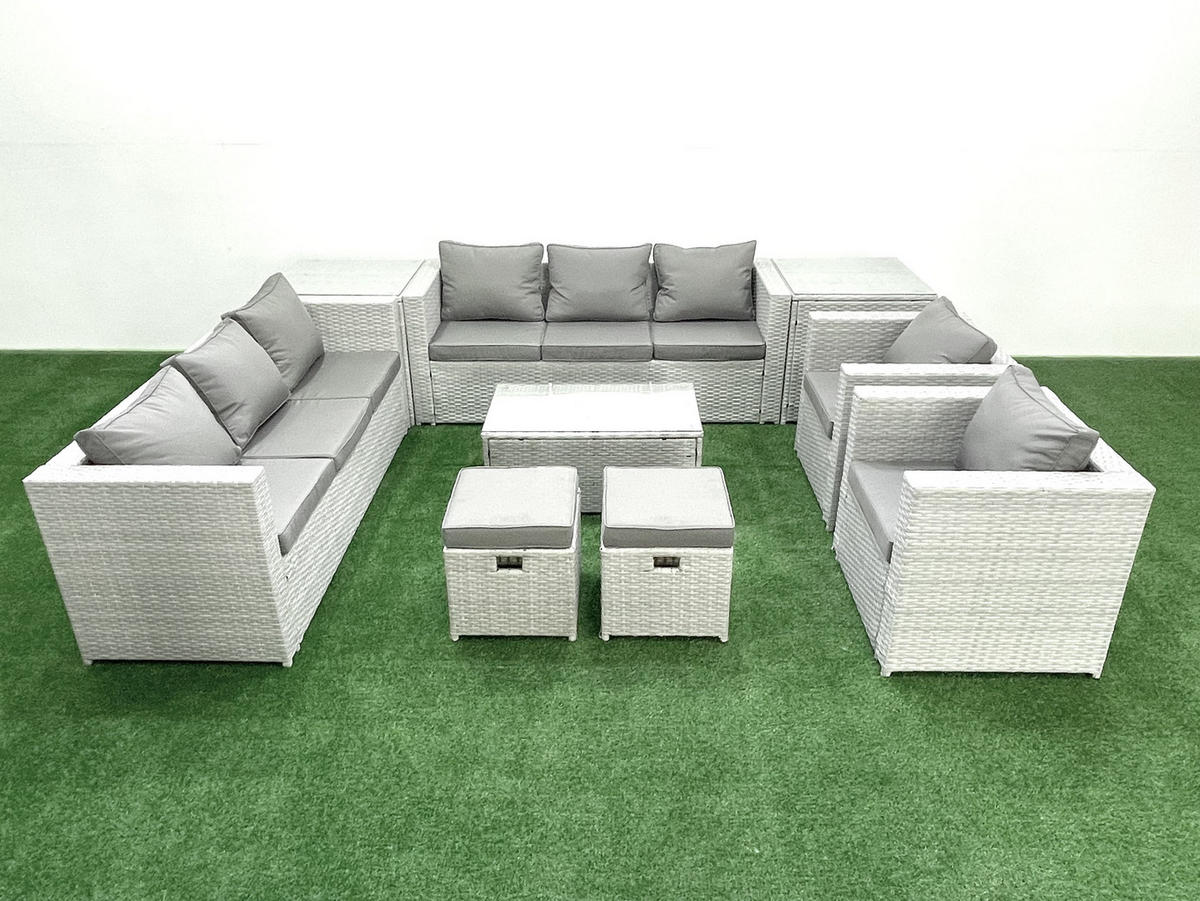 GARTENGARNITUR mit 3-SITZER SOFA,COUCHTISCH Polyrattan Hellgrau-Mix 10-Sitzer - Hellgrau/Grau, Glas/Kunststoff - Fimous